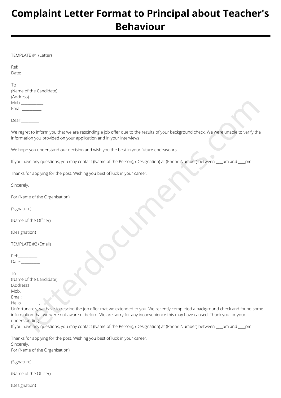 Sample Rescinding Job Offer Letter Due To Background Check | Letterdocuments