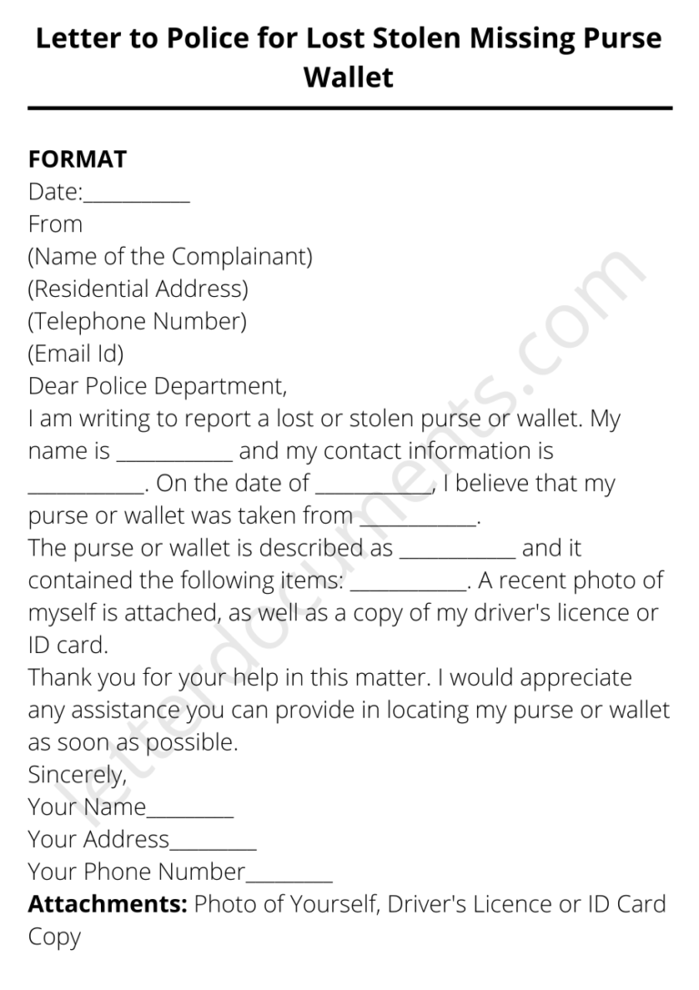 Letter to Police for Lost Stolen Missing Purse Wallet