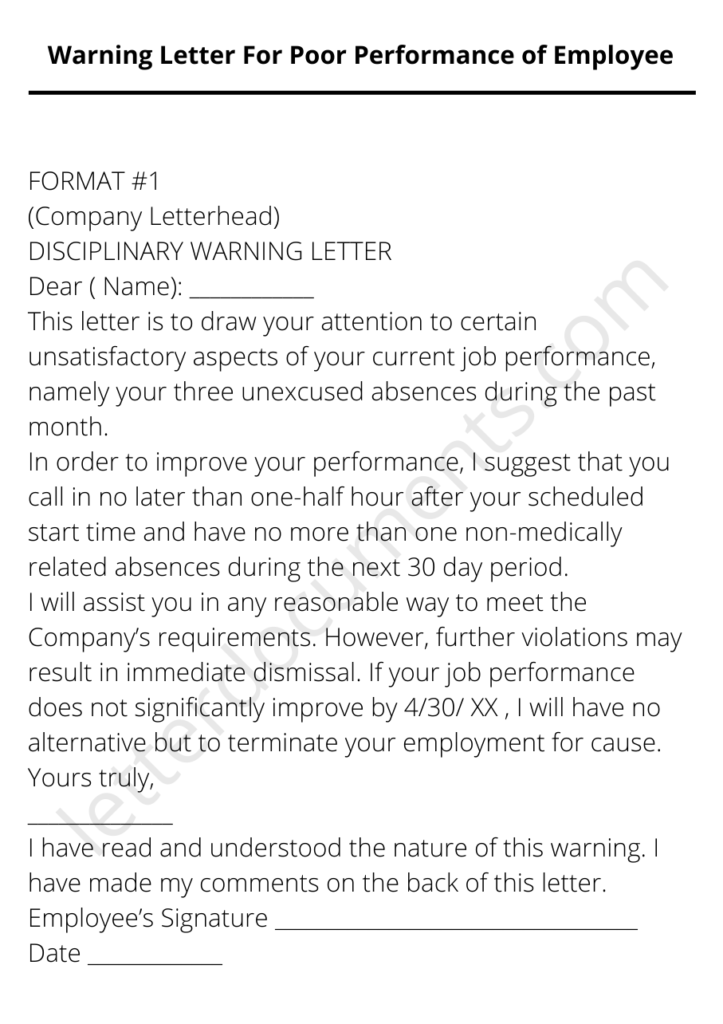 Warning Letter For Poor Performance Of Employee Letterdocuments