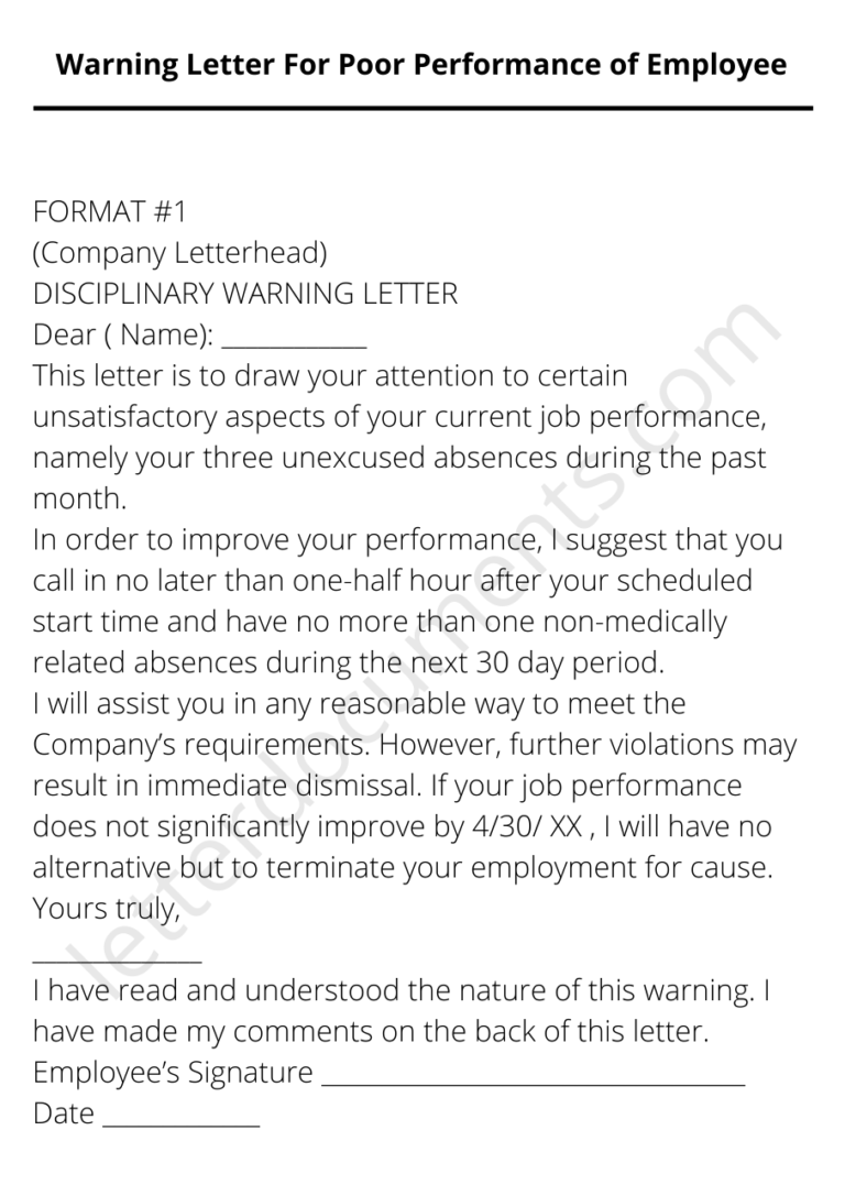 Warning Letter for Poor Performance of Employee