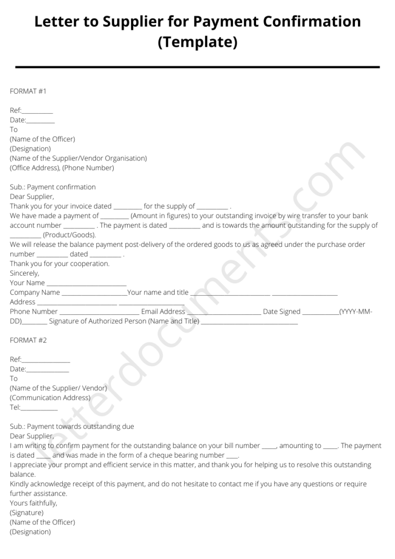 Letter to Supplier for Payment Confirmation (Template)
