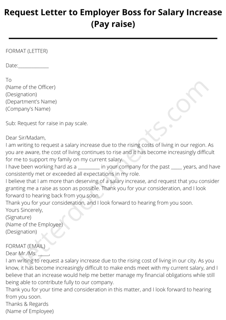 Request Letter to Employer Boss for Salary Increase (Pay Raise)