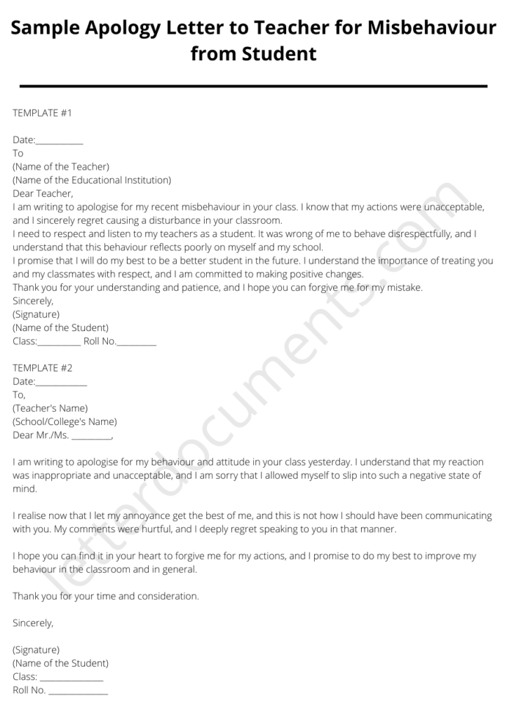apology letter to teacher