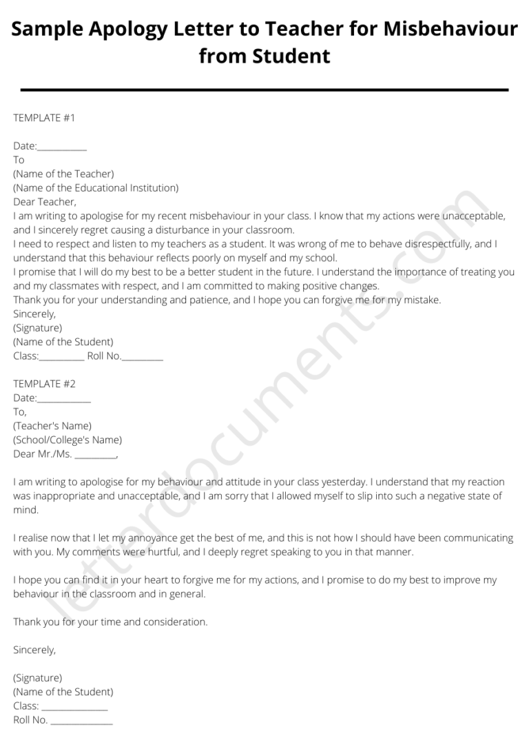 Sample Apology Letter to Teacher for Misbehaviour from Student