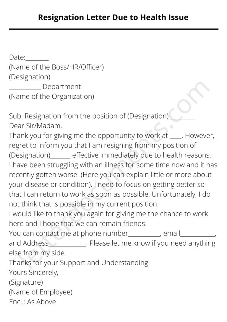 Resignation Letter Due to Health Issue