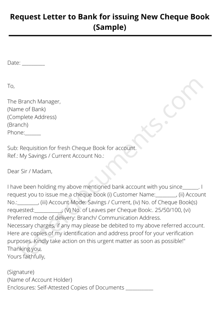 Request Letter to Bank for issuing New Cheque Book (Sample)