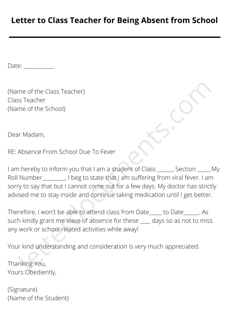Leave Letter to Class Teacher for Being Absent from School