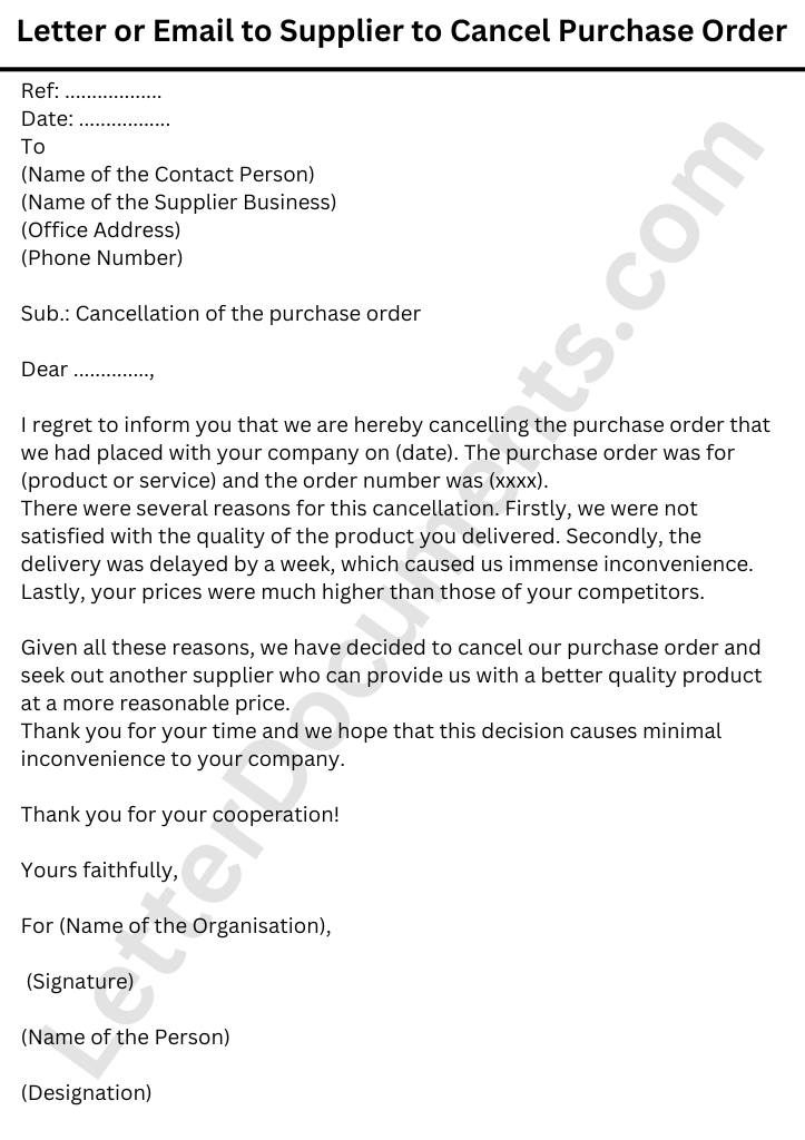 Letter or Email to Supplier to Cancel Purchase Order (Sample)