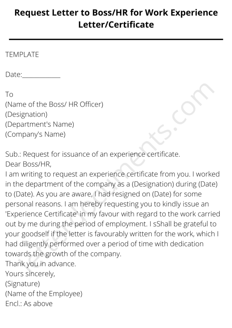 Request Letter to Boss/HR for Work Experience Letter/Certificate