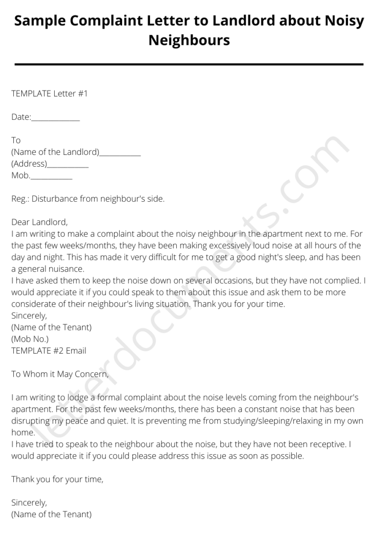 Sample Complaint Letter to Landlord about Noisy Neighbors