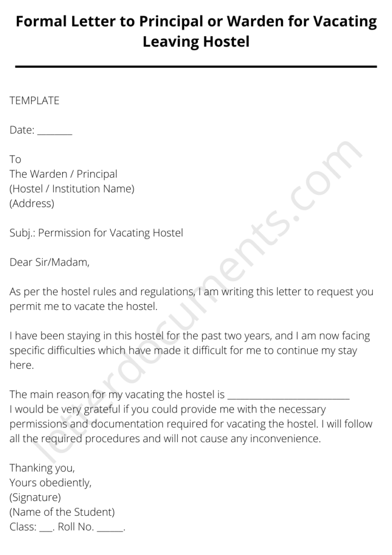 Formal Letter to Principal or Warden for Vacating Leaving Hostel