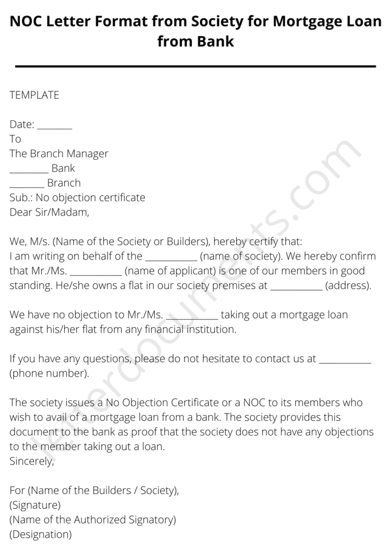 NOC Letter Format from Society for Mortgage Loan from Bank