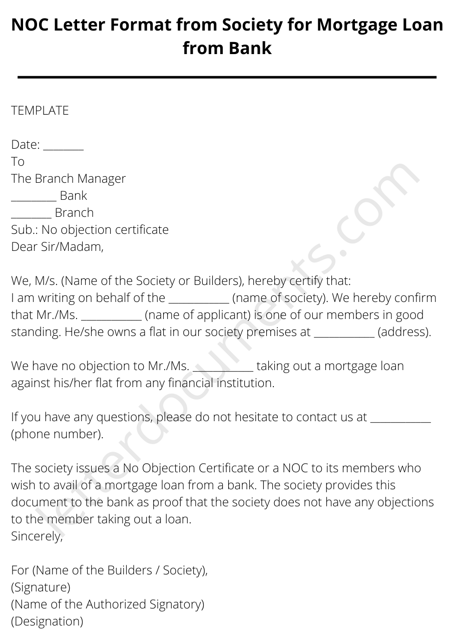 NOC Letter Format from Society for Mortgage Loan from Bank ...