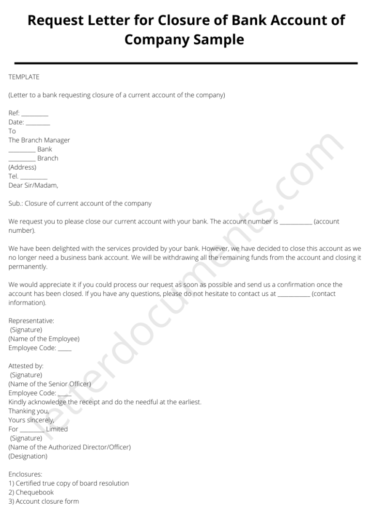 Request Letter for Closure of Bank Account of Company Sample