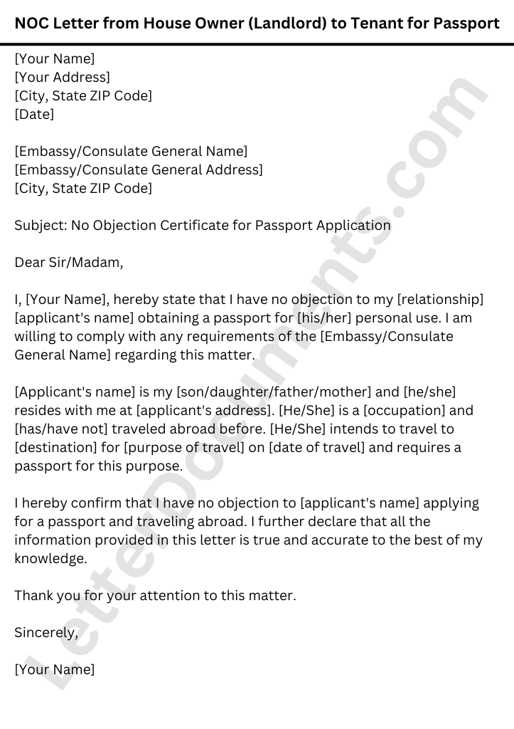 NOC Letter from House Owner (Landlord) to Tenant for Passport