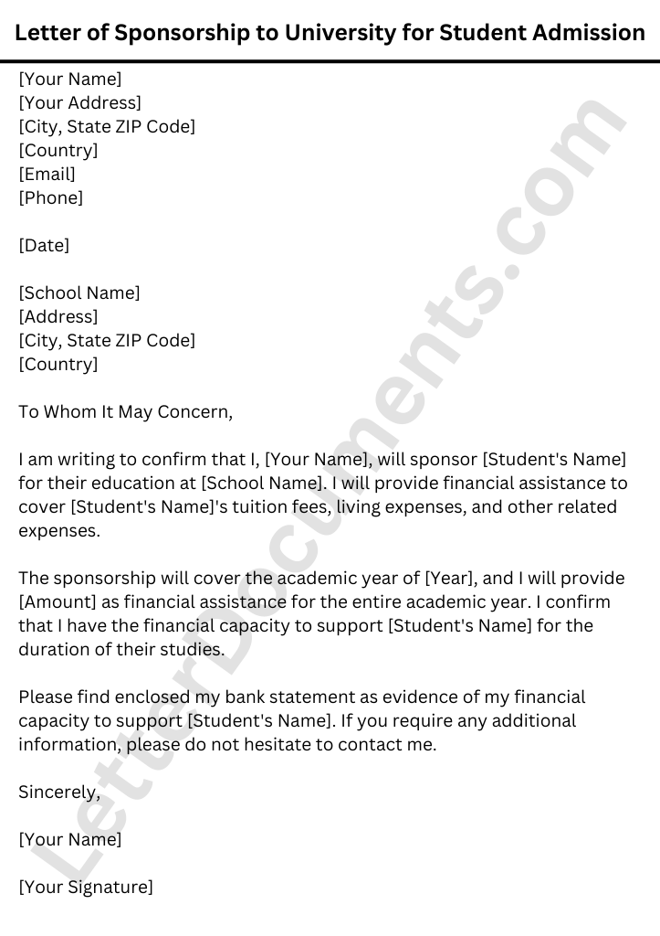 Letter of Sponsorship to University for Student Admission