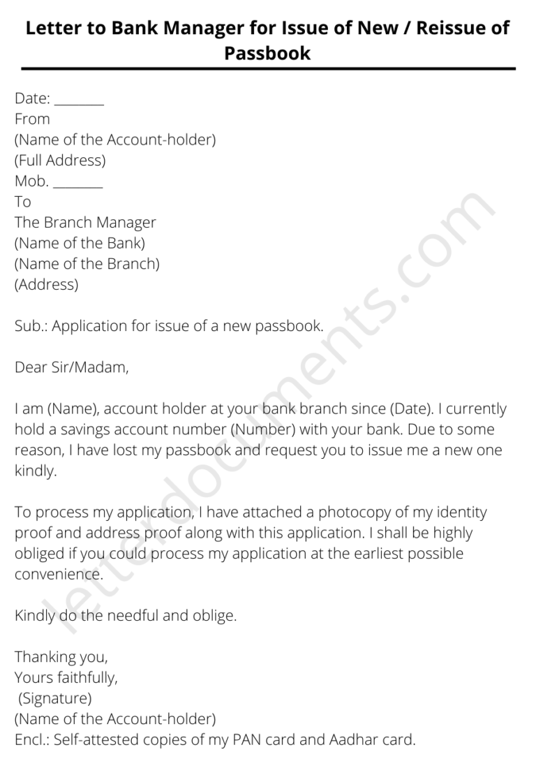 Letter to Bank Manager for Issue of New / Reissue of Passbook