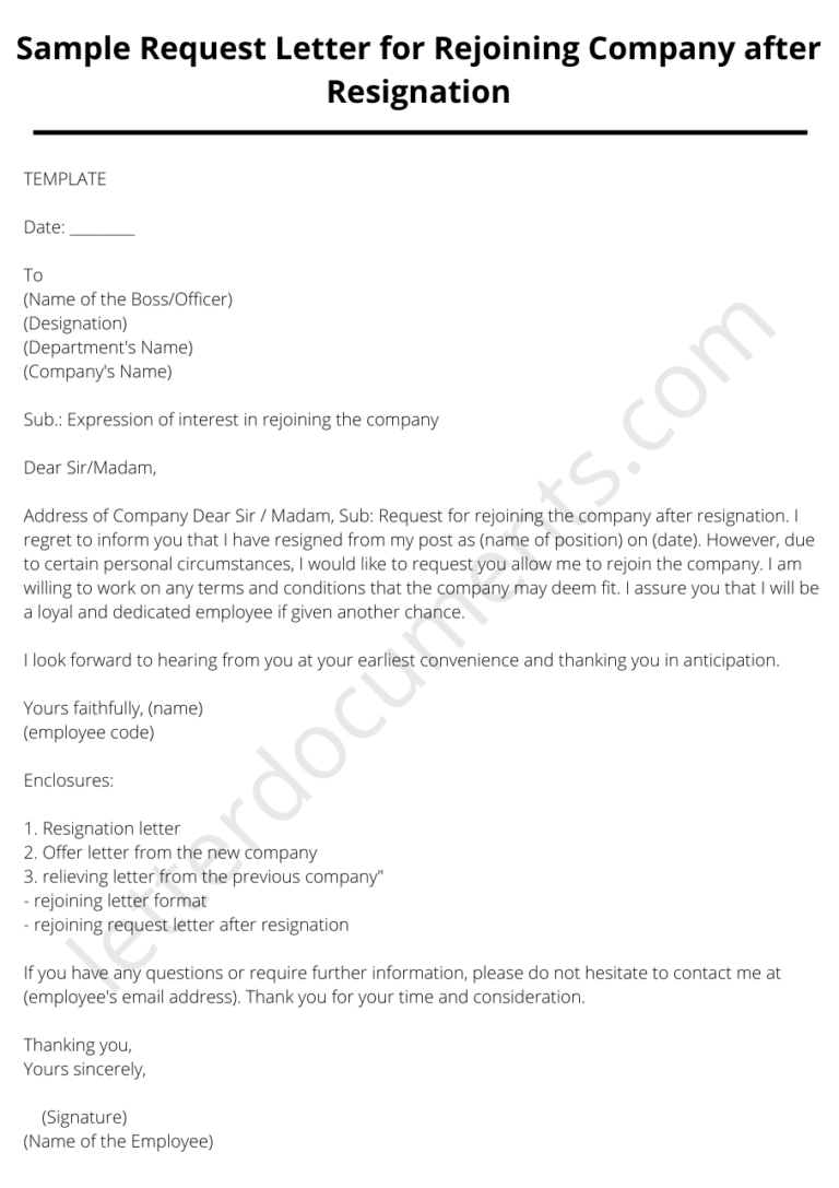 Sample Request Letter for Rejoining Company after Resignation