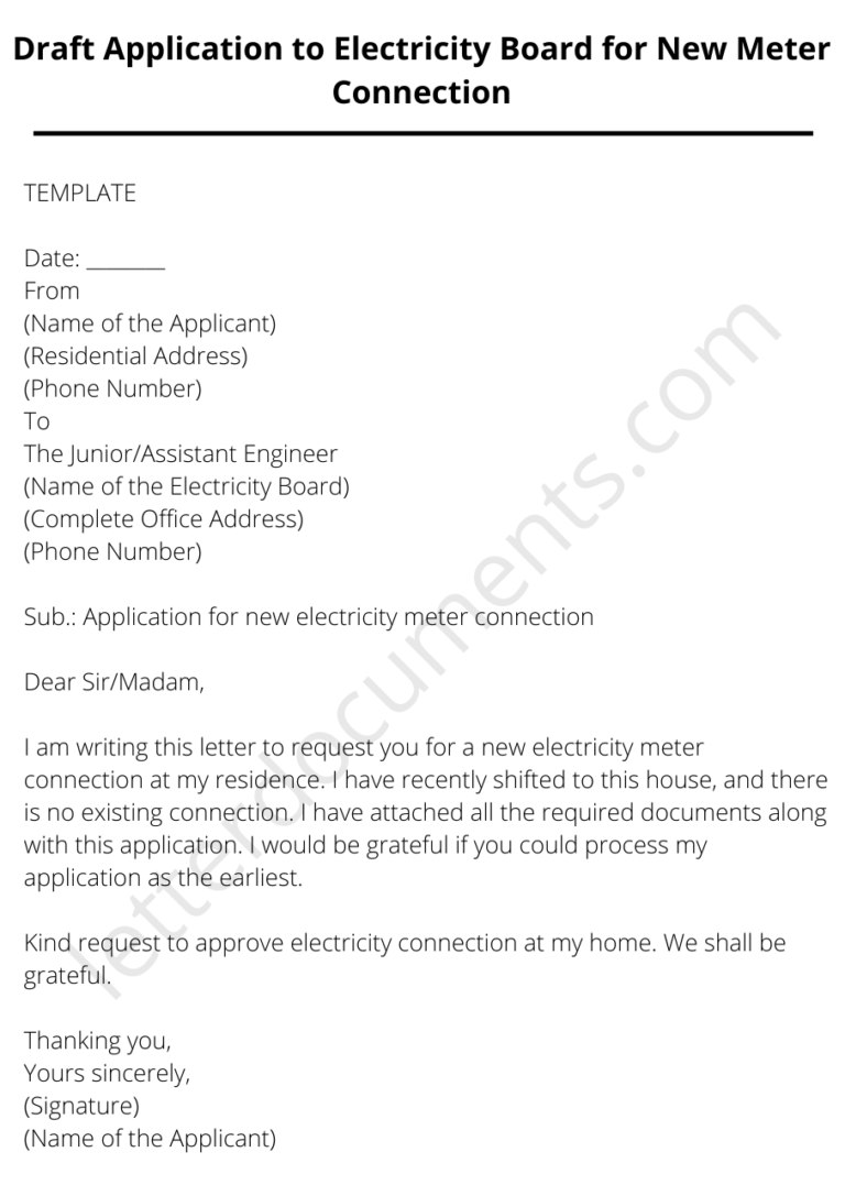 Draft Application to Electricity Board for New Meter Connection