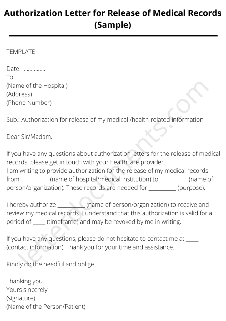 Authorization Letter for Release of Medical Records (Sample ...