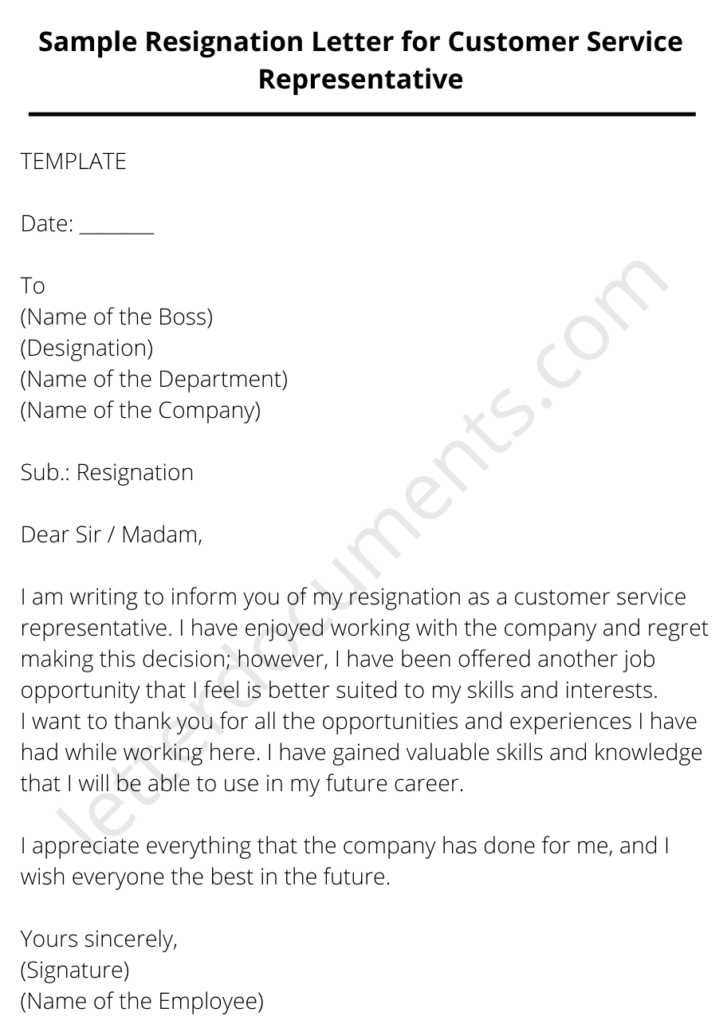 Sample Resignation Letter For Customer Service Representative 