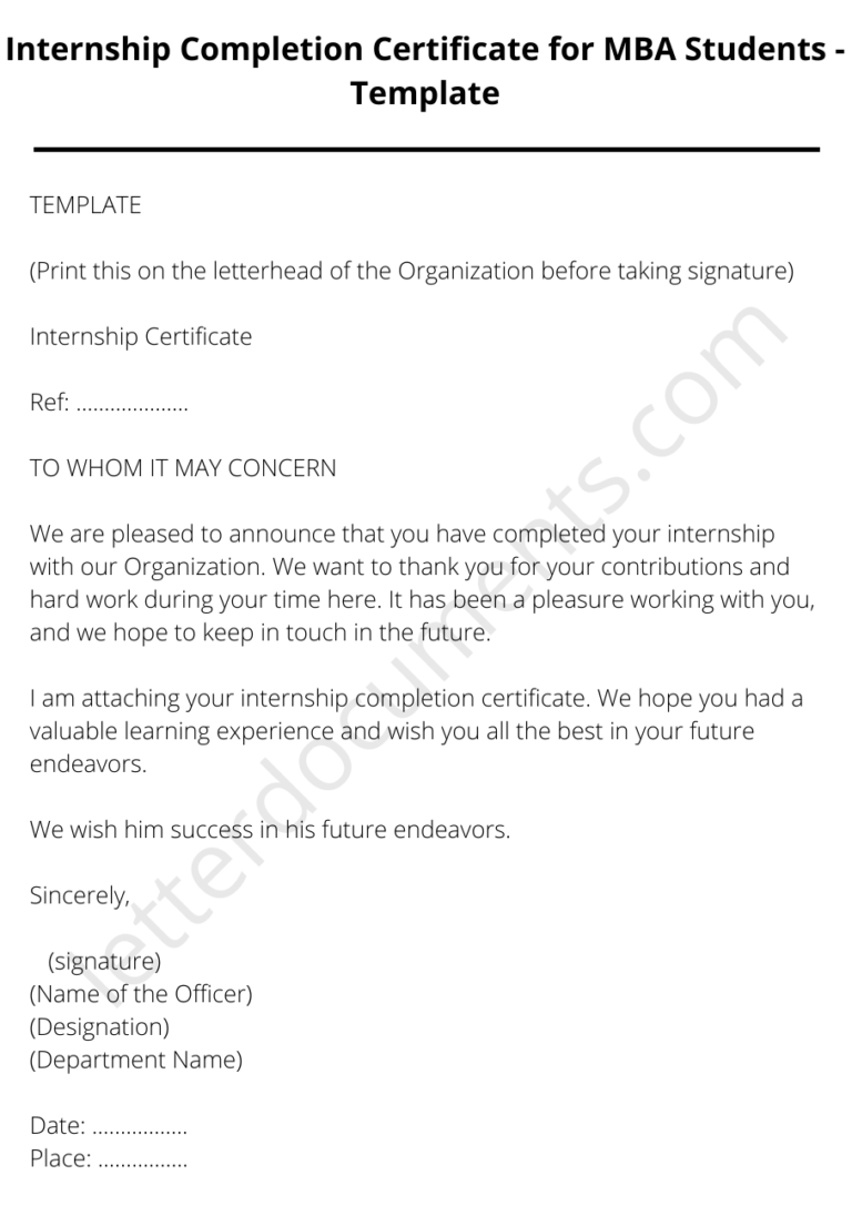 Internship Completion Certificate for MBA Students – Template