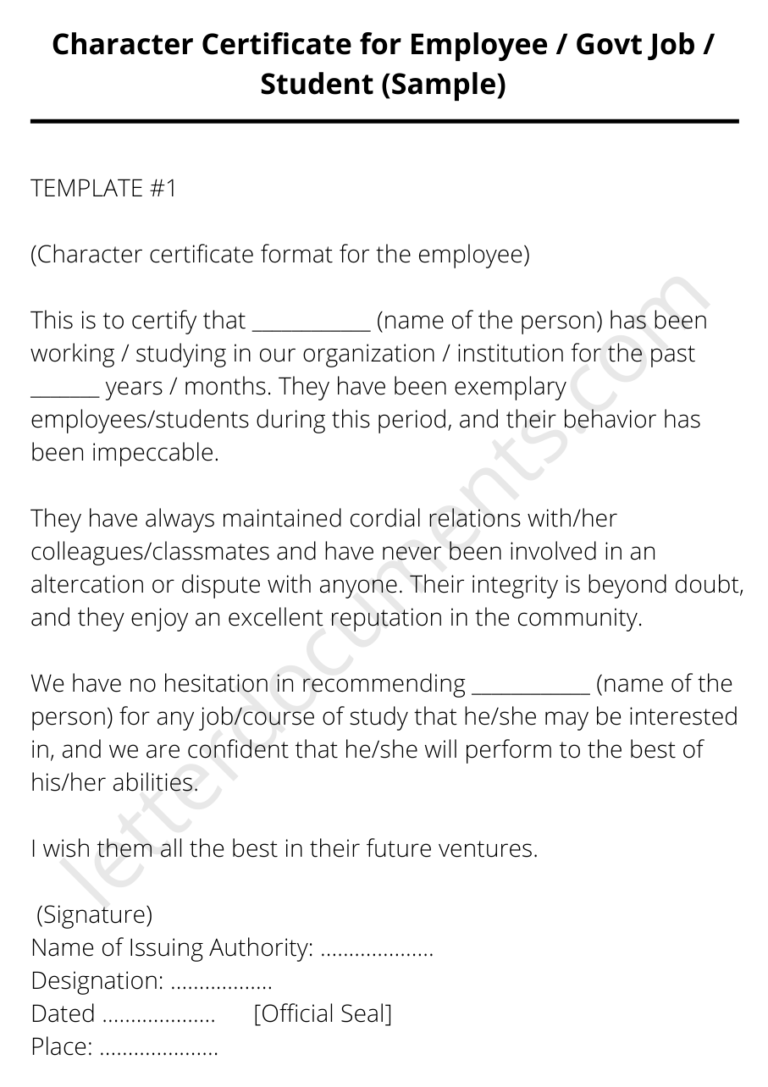 Character Certificate for Employee / Govt Job / Student (Sample)