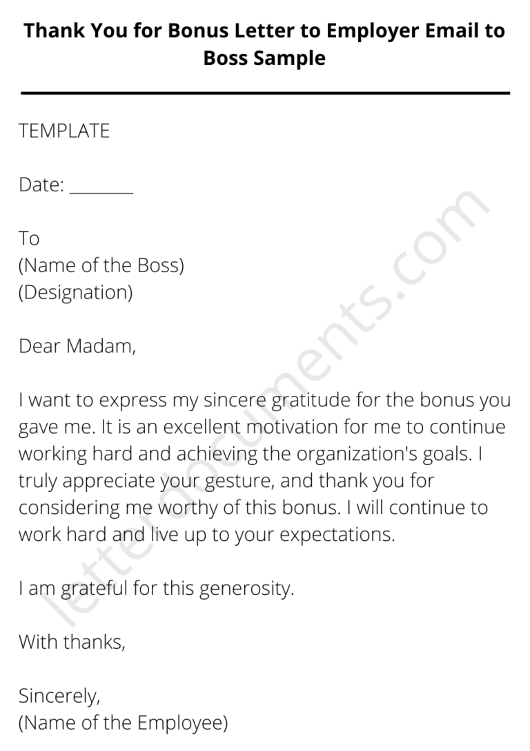 Thank You for Bonus Letter to Employer Email to Boss Sample