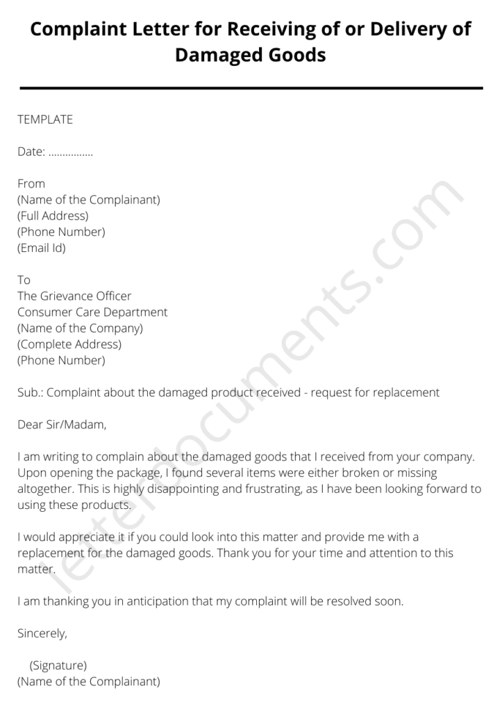 complaint letter for receiving damaged goods