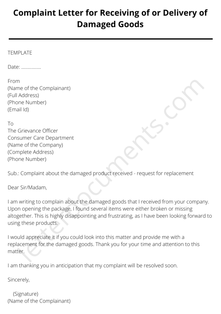Complaint Letter for Receiving of or Delivery of Damaged Goods