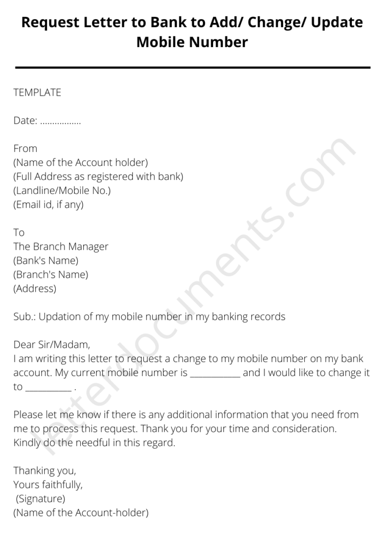 Request Letter to Bank to Add/ Change/ Update Mobile Number