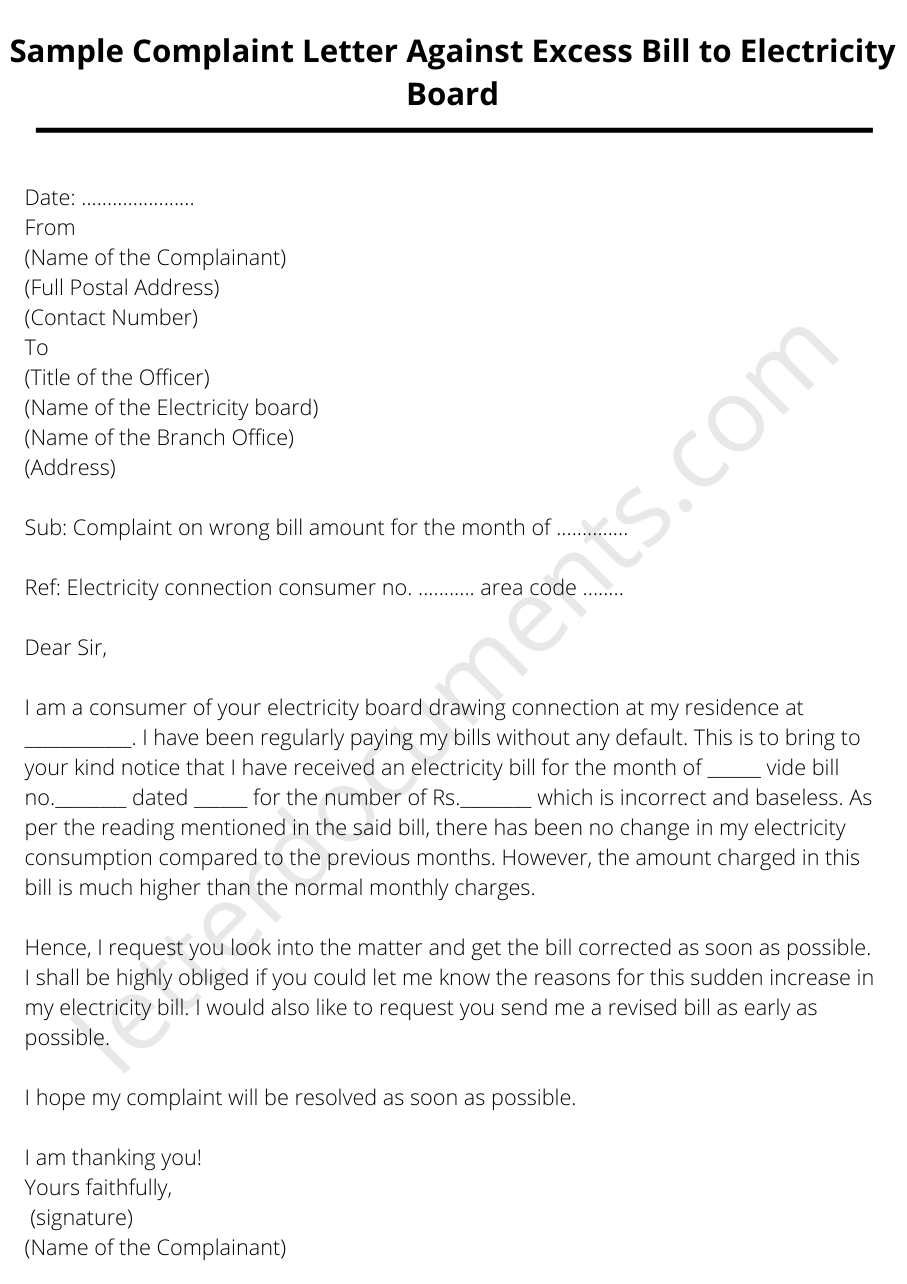 Sample Complaint Letter Against Excess Bill To Electricity Board Letterdocuments