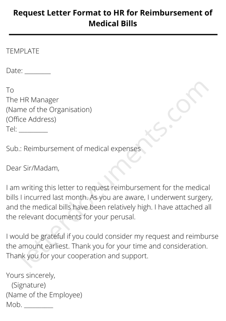 Request Letter Format to HR for Reimbursement of Medical Bills