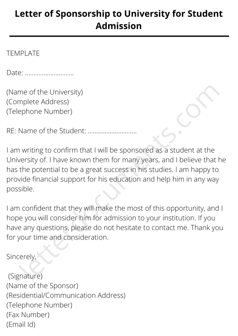Letter of Sponsorship to University for Student Admission
