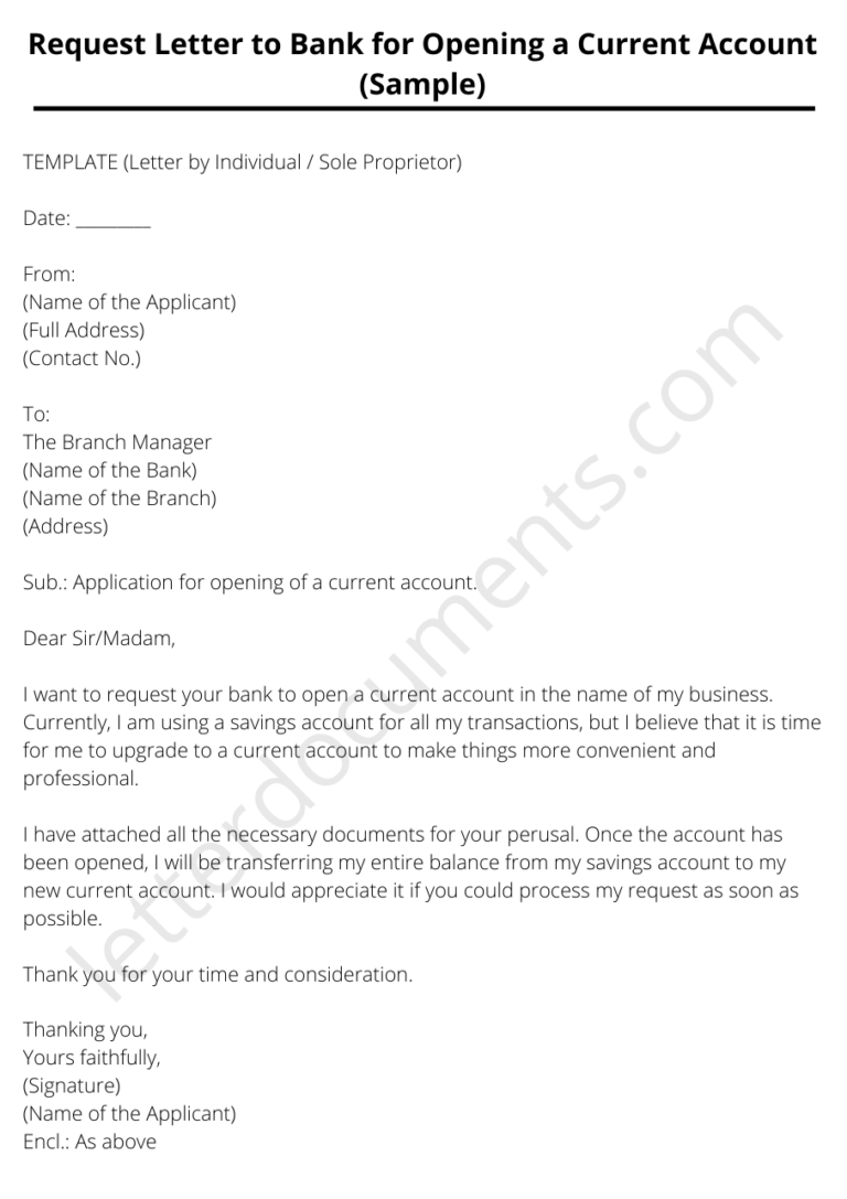 Request Letter to Bank for Opening a Current Account (Sample)