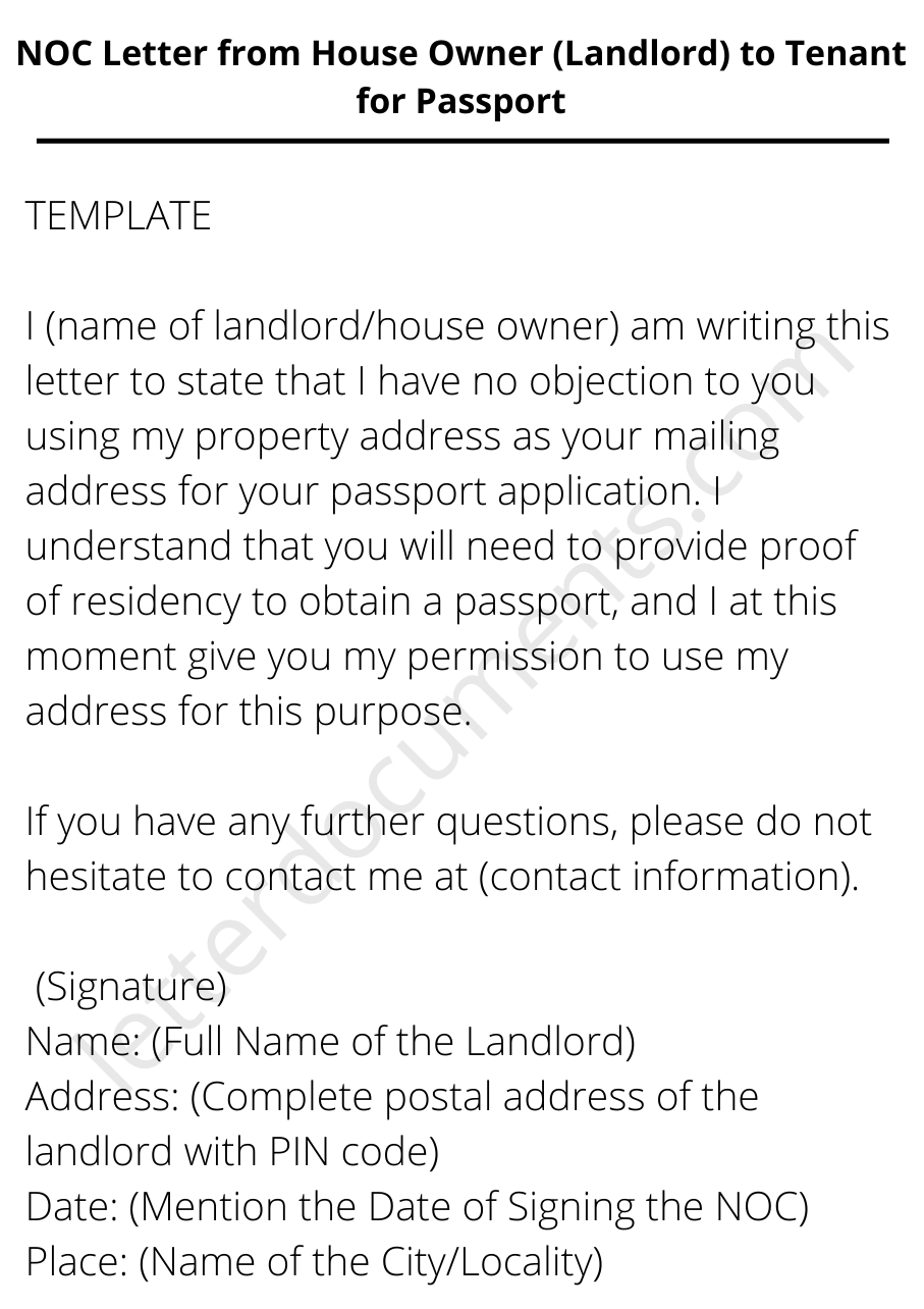 NOC Letter from House Owner (Landlord) to Tenant for Passport ...