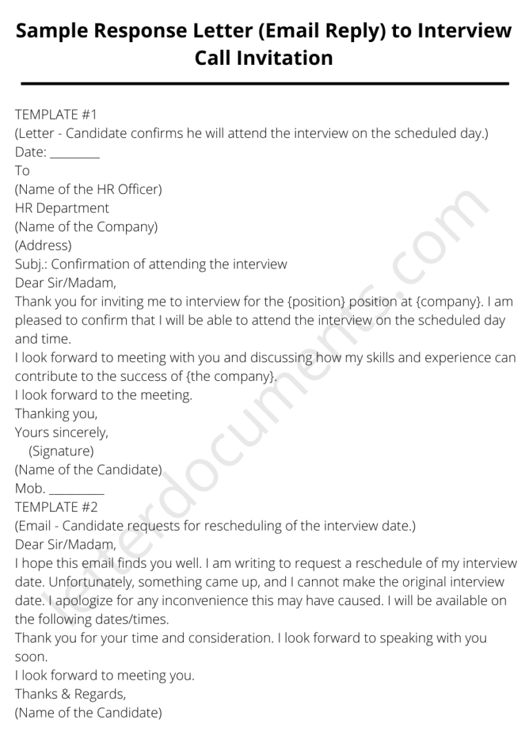 Sample Response Letter (Email Reply) to Interview Call Invitation