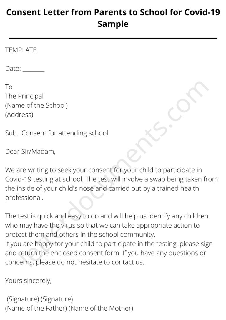 Consent Letter from Parents to School for Covid-19 Sample