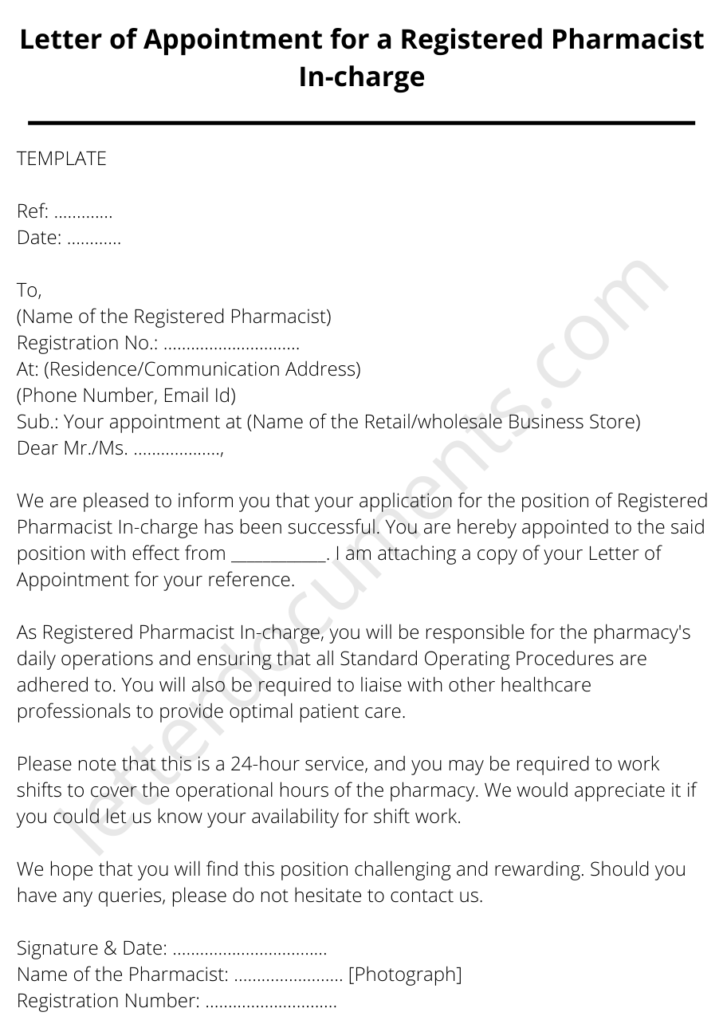 appointment letter for pharmacist