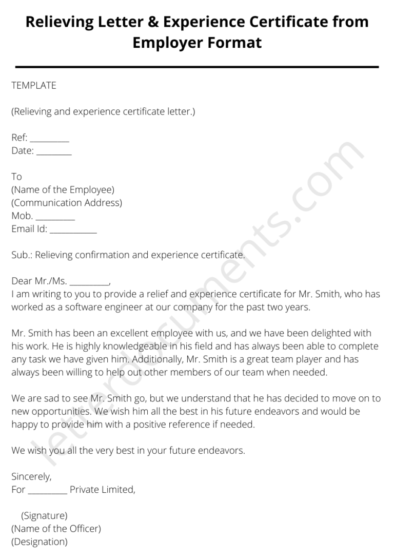 Relieving Letter & Experience Certificate from Employer Format