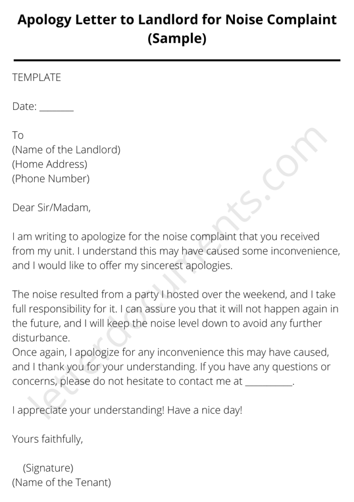 apartment noise complaint letter sample