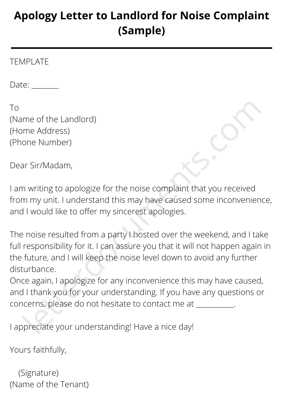 Apology Letter To Landlord For Noise Complaint Sample Letterdocuments 6403