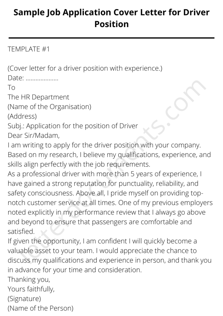 Sample Job Application Cover Letter for Driver Position