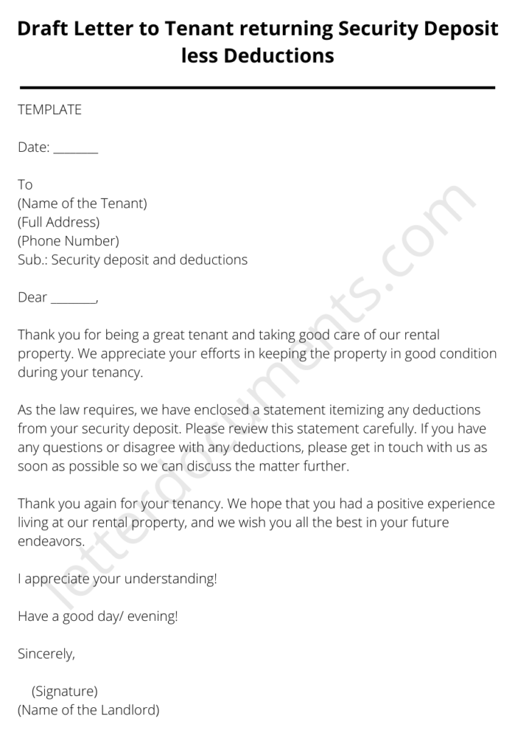 sample landlord letter to tenant not returning security deposit