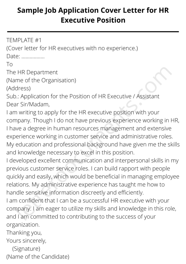 Sample Job Application Cover Letter for HR Executive Position