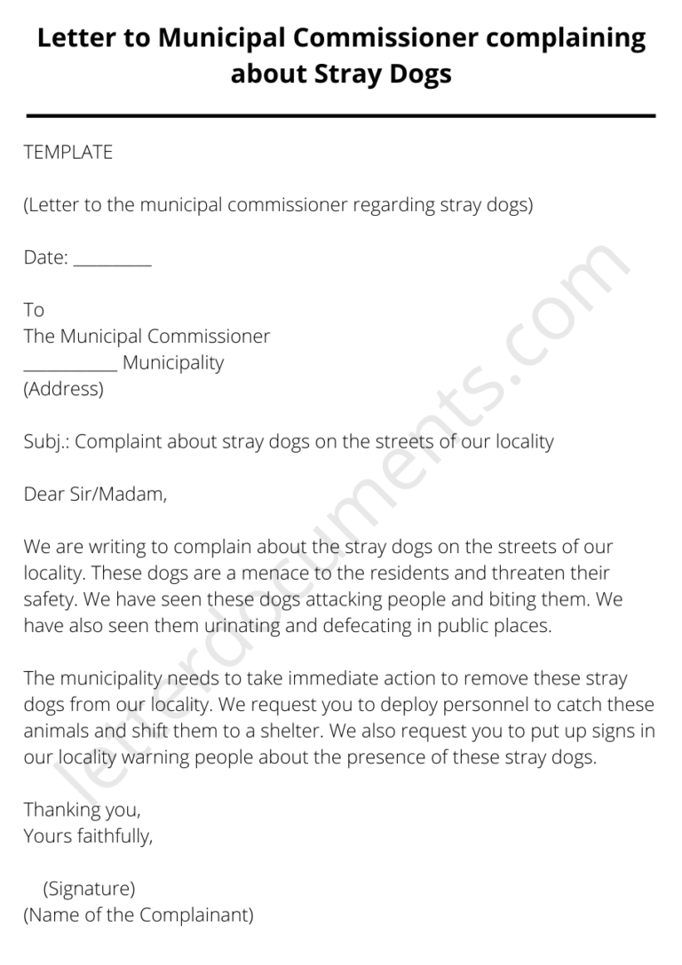 Letter to Municipal Commissioner complaining about Stray Dogs