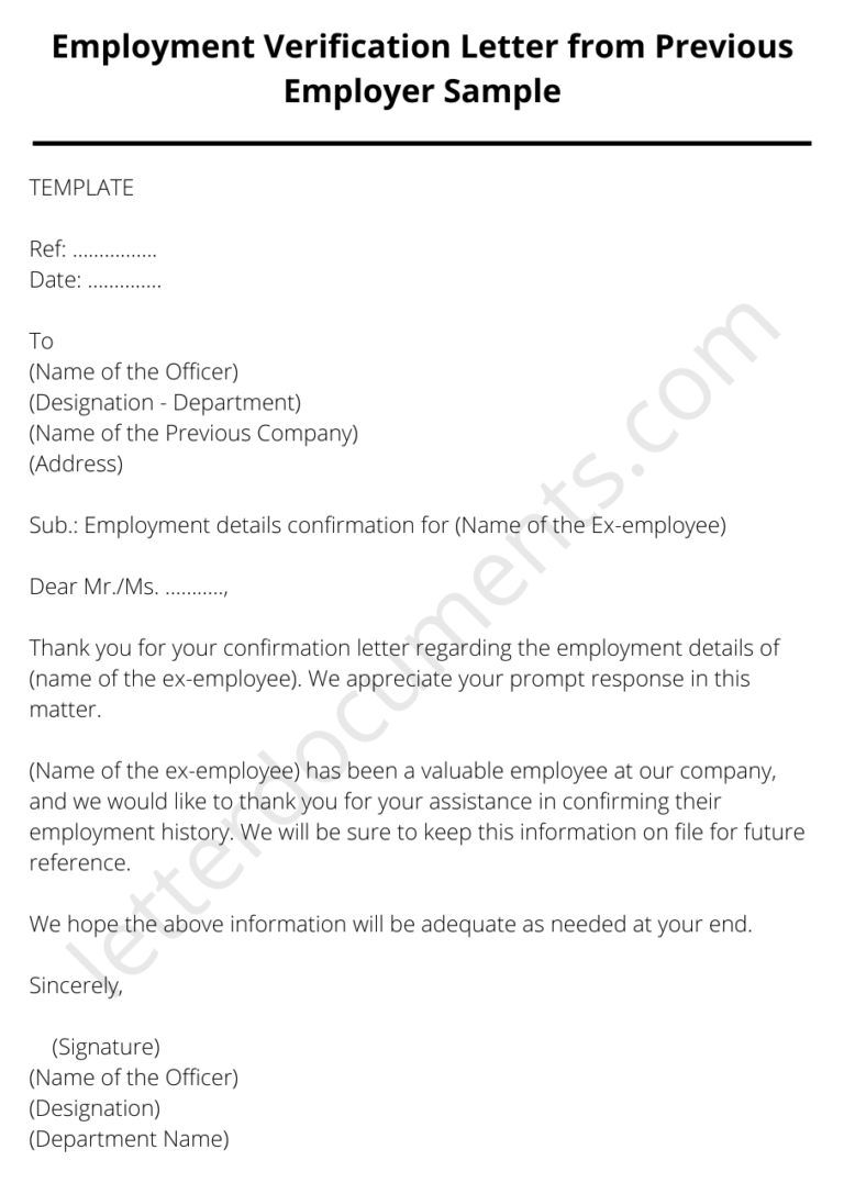 Employment Verification Letter from Previous Employer Sample