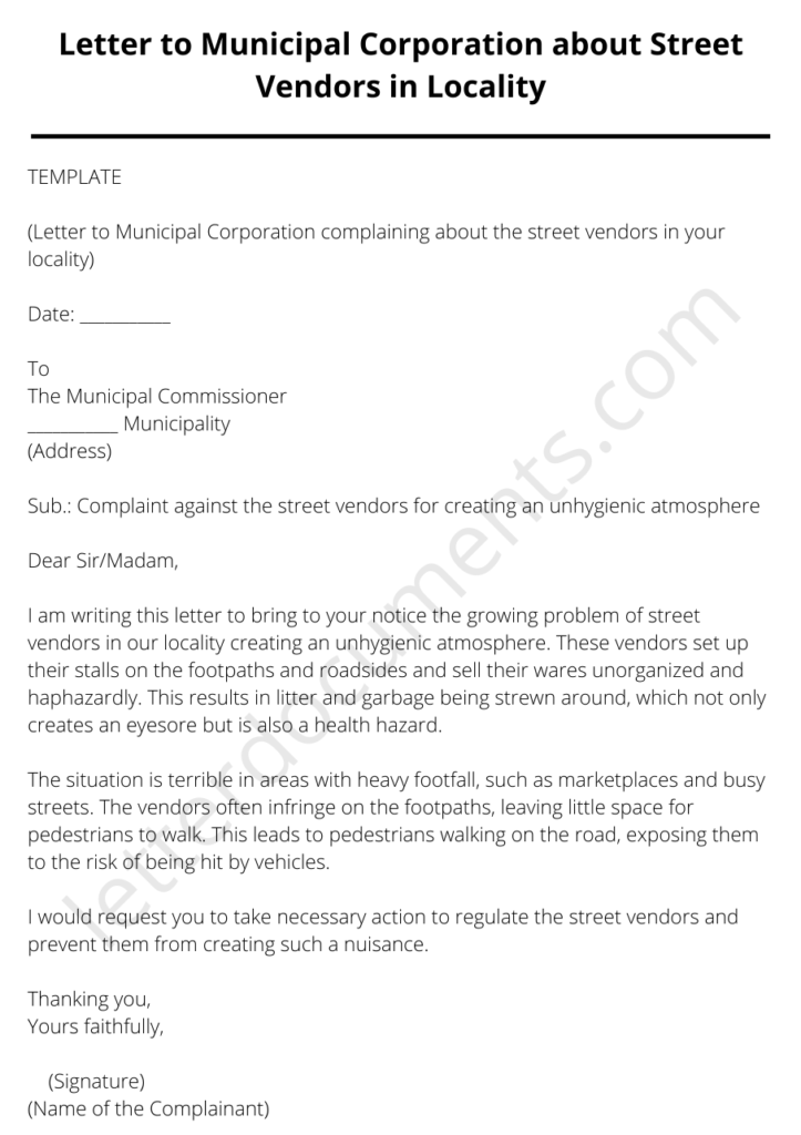 letter to municipal corporation