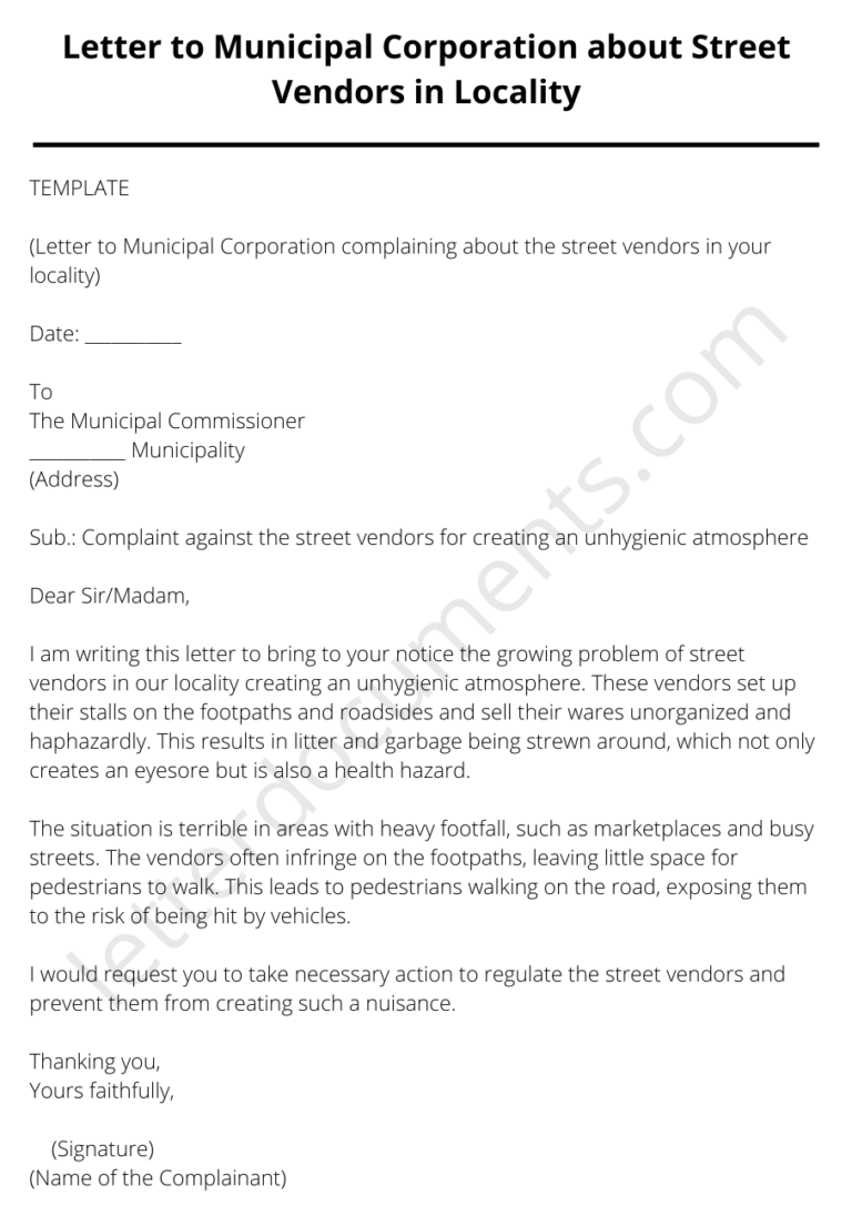 Letter to Municipal Corporation about Street Vendors in Locality