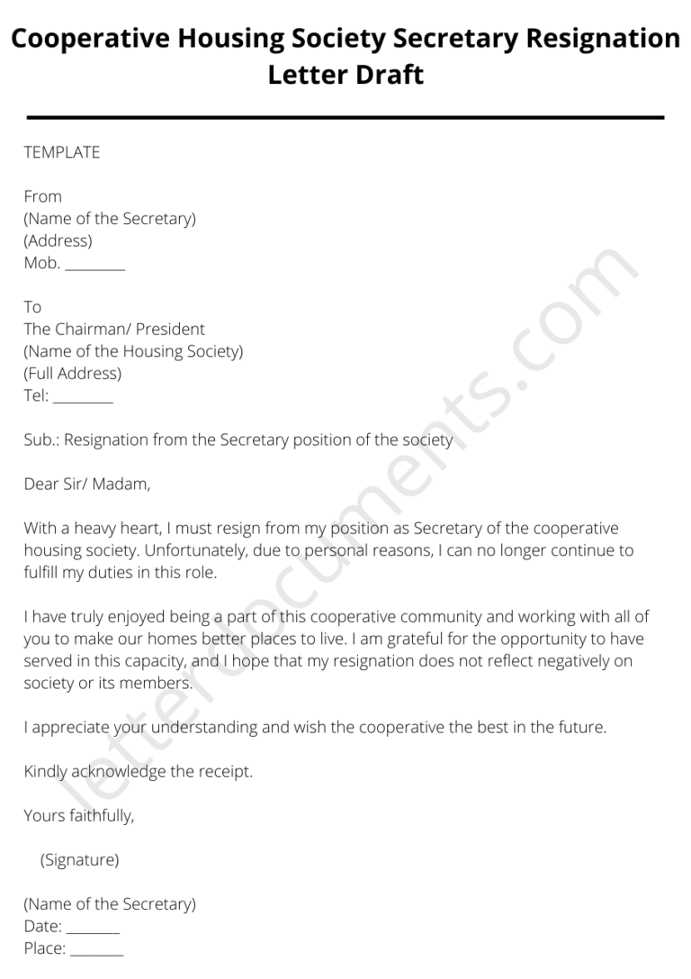 Cooperative Housing Society Secretary Resignation Letter Draft